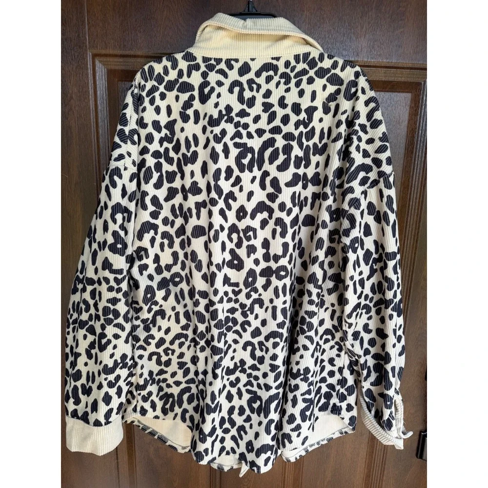 Women's large leopard print fall overcoat corduroy button down shacket overcoat
